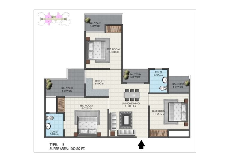 3 BHK Type B 1260 square feet floor plan