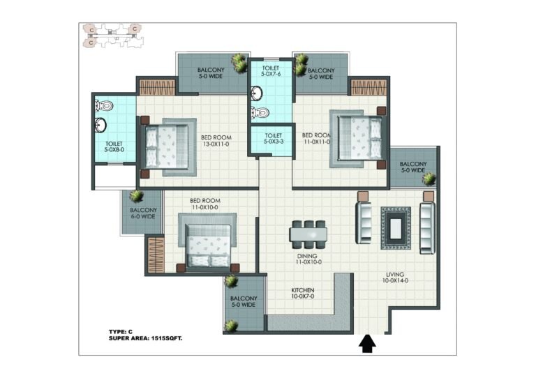 3 BHK Type C 1515 square feet floor plan