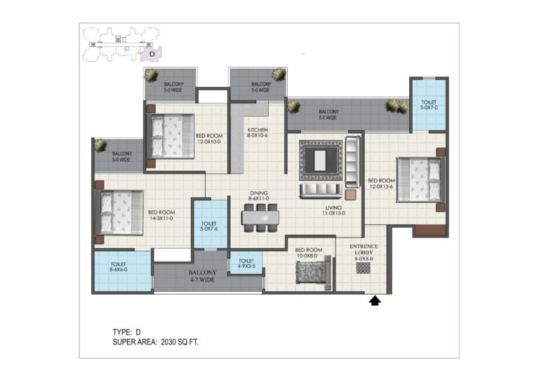 4 BHK Type D 2030 square feet floor plan